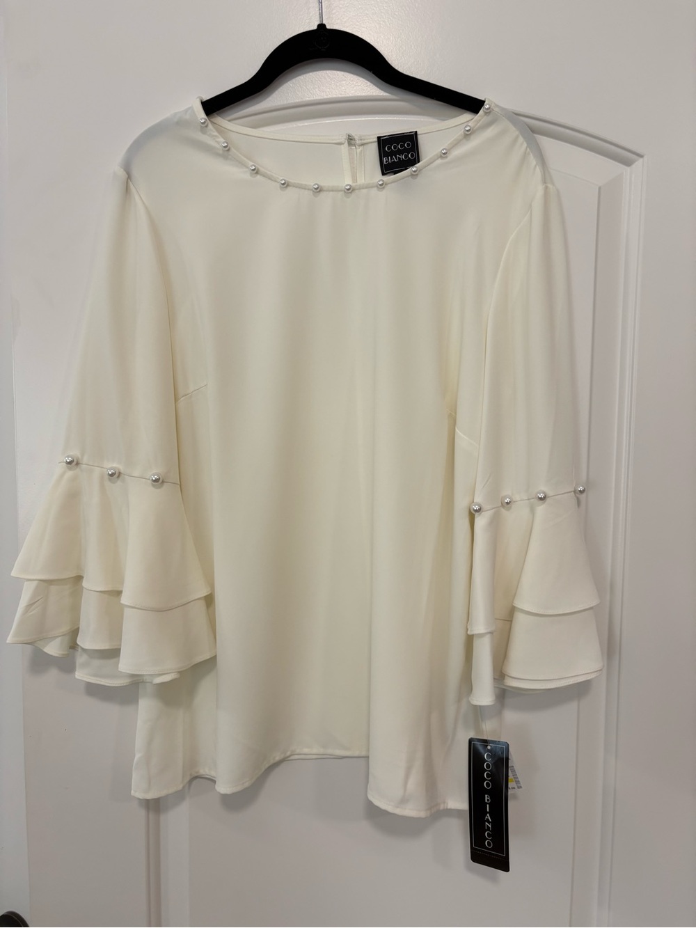 Coco Bianco Cream Pearl-Trim Tiered Ruffle Sleeve Blouse